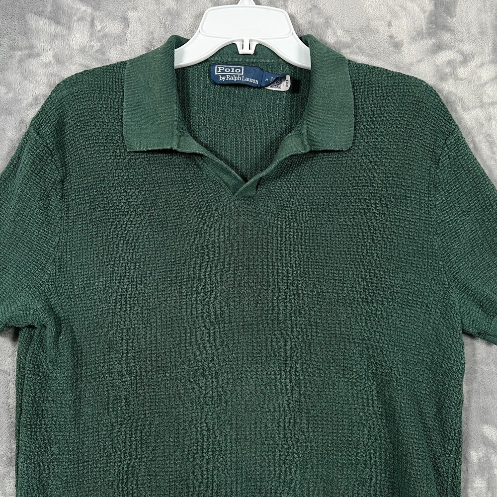 Polo Ralph Lauren Mesh Knit Linen Johnny Collar Sweater Mens Medium Green Shirt - Picture 2 of 12